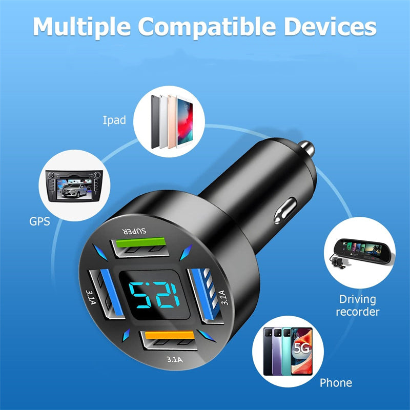4-Port Super Fast Car Charger with Digital Voltmeter