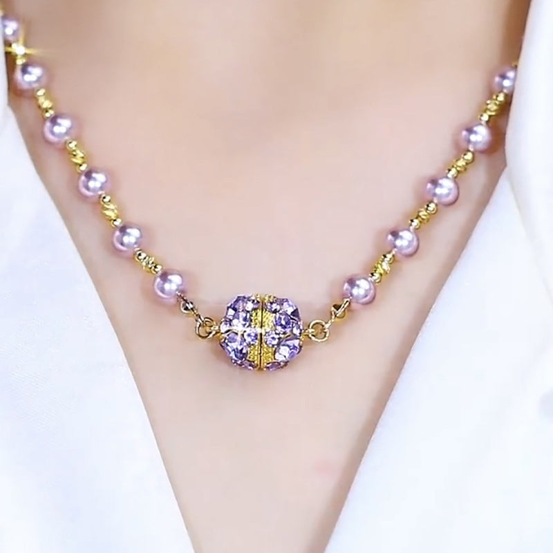 Sparkling Magnetic Rhinestone Balls Elegant Purple Pearl Necklace