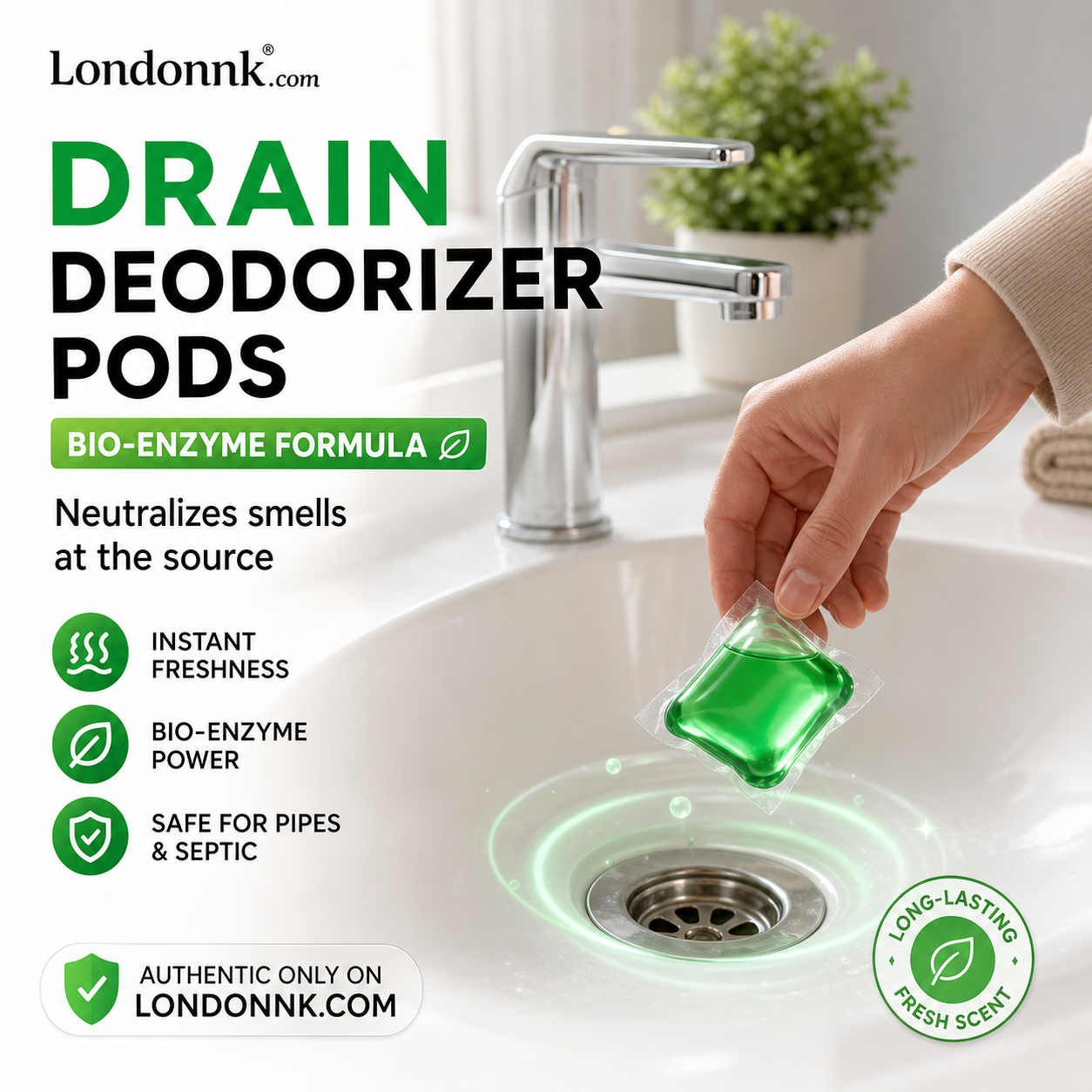 🥳2026 HOT SALE🥳💞50K+ SOLD!🏠💧 50% OFF! Drain Deodorizer Pods – Bio‑enzyme formula neutralizes smells at the source. Instant fresh scent, no harsh chemicals. Say goodbye to embarrassing odours. 🚰✅
