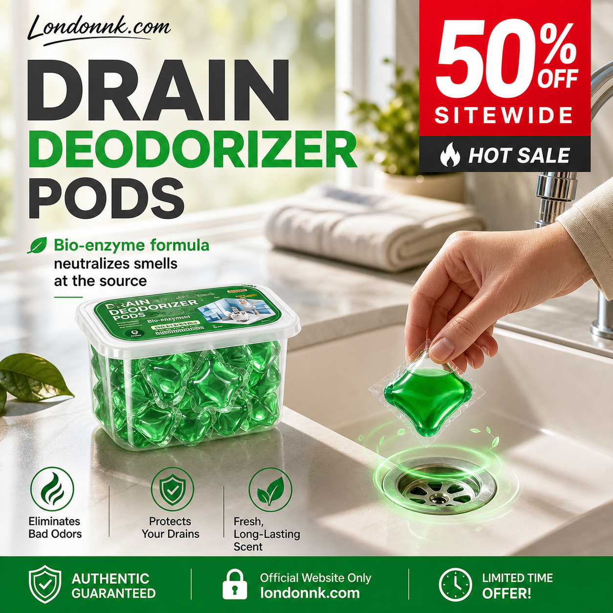 🥳2026 HOT SALE🥳💞50K+ SOLD!🏠💧 50% OFF! Drain Deodorizer Pods – Bio‑enzyme formula neutralizes smells at the source. Instant fresh scent, no harsh chemicals. Say goodbye to embarrassing odours. 🚰✅