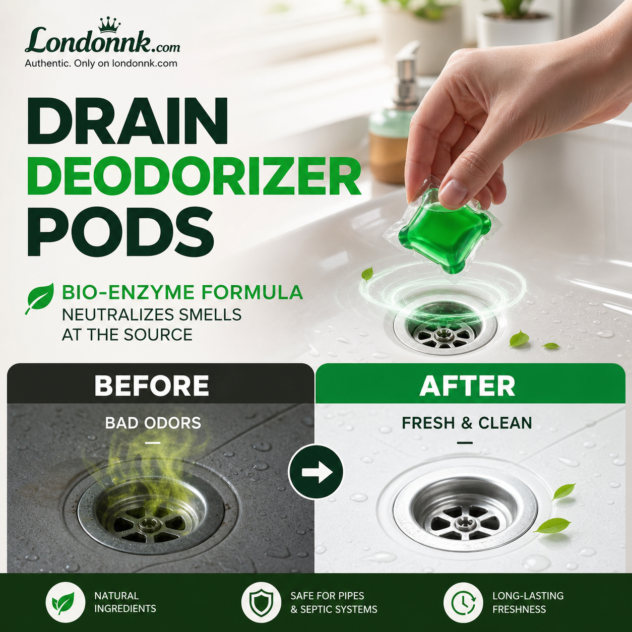 🥳2026 HOT SALE🥳💞50K+ SOLD!🏠💧 50% OFF! Drain Deodorizer Pods – Bio‑enzyme formula neutralizes smells at the source. Instant fresh scent, no harsh chemicals. Say goodbye to embarrassing odours. 🚰✅