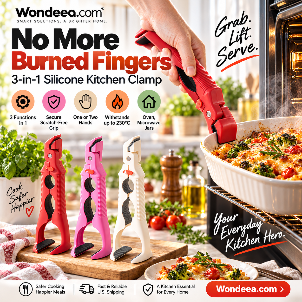 Wondeea 3-in-1 Silicone Kitchen Clamp - No More Burned Fingers