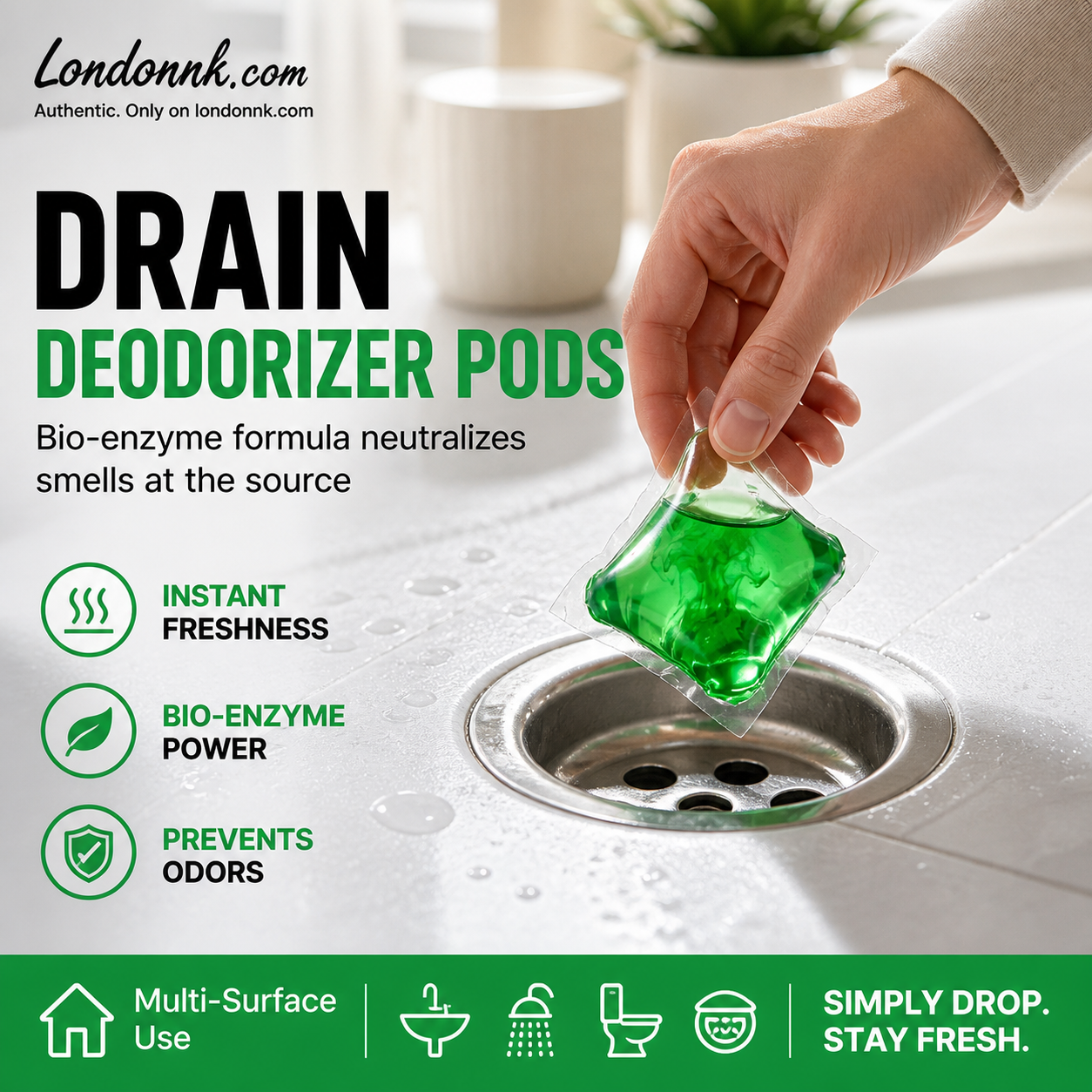 🥳2026 HOT SALE🥳💞50K+ SOLD!🏠💧 50% OFF! Drain Deodorizer Pods – Bio‑enzyme formula neutralizes smells at the source. Instant fresh scent, no harsh chemicals. Say goodbye to embarrassing odours. 🚰✅