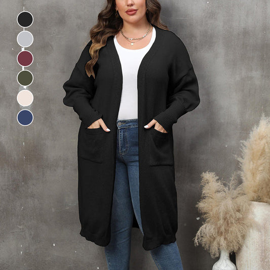 Plus Size Front-Open Pocketed Long Sleeve Sweater