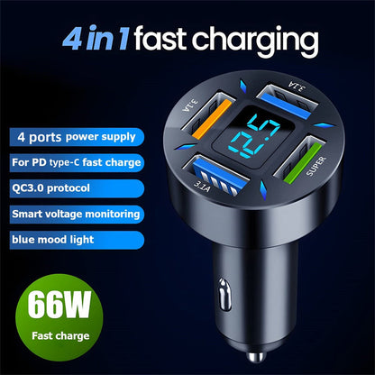 4-Port Super Fast Car Charger with Digital Voltmeter